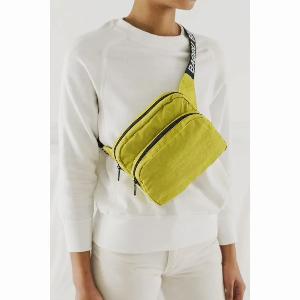 Baggu Fanny Pack Chartreuse OG White Logo Strap Double Zip Crossbody Bag Travel - Picture 1 of 16